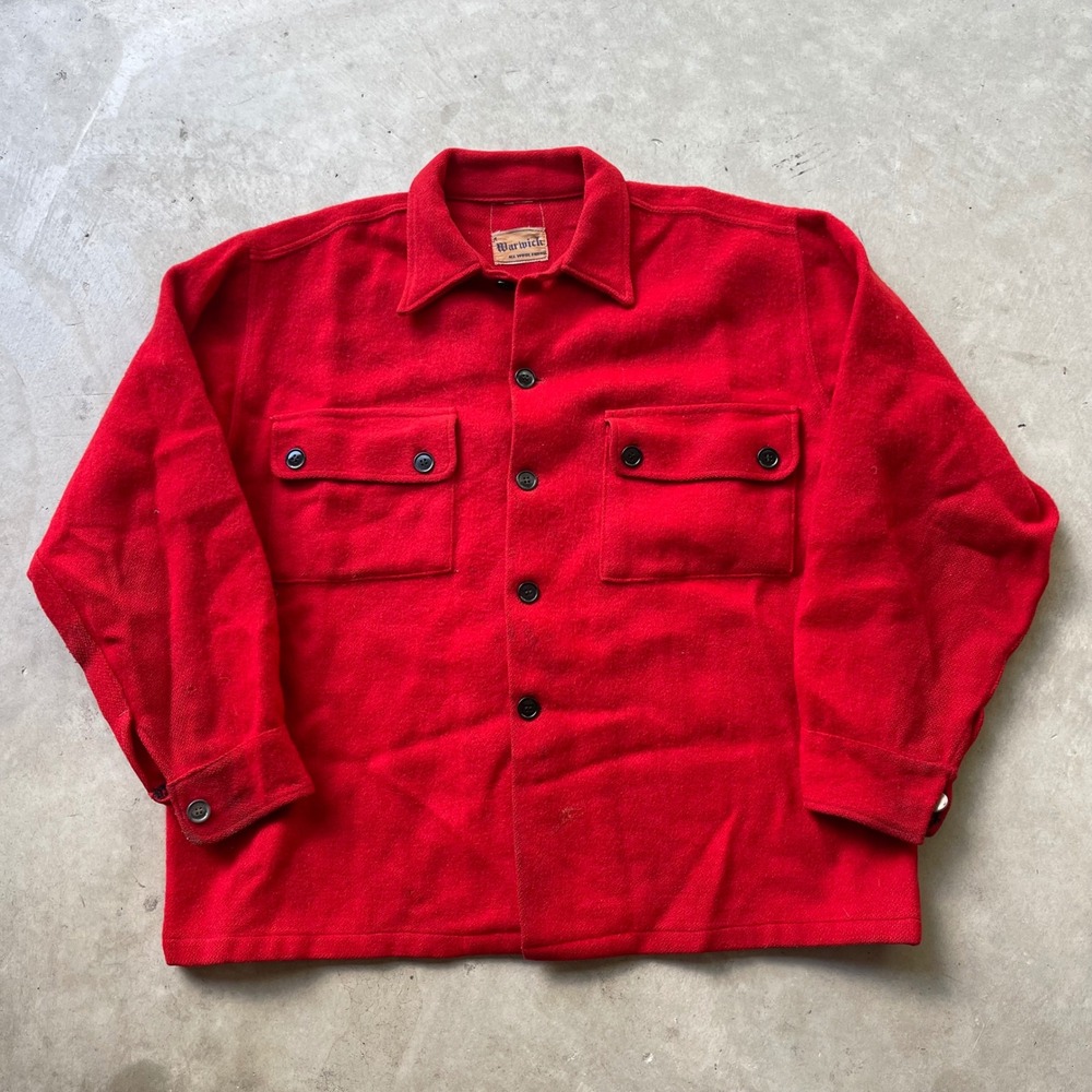 Vintage Warwick Red Wool Shirt Jacket Mens Button Up Heavy Flannel CPO Large
